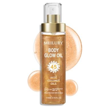 Imagem de Óleo de brilho corporal, FPS 45 de amplo espectro, óleo corporal protetor solar com mica ouro rosa, coco hidratante, hidratante brilhante, leve, resistente à água, 110 ml (#3 ÂMBAR)