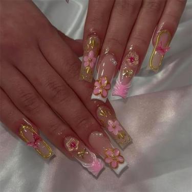 Imagem de Unhas longas quadradas de pressão brancas com ponta francesa, cola gradiente rosa nas unhas com redemoinho de glitter dourado, design de flores 3D, unhas de acrílico, 24 peças, bastão brilhante em