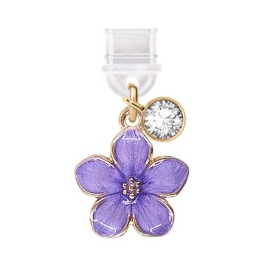 Imagem de ELISE & FONDA TP841 Porta de carregamento tipo C plugue antipoeira pequena flor bauhinia pingente de celular para iPhone 15/16/Samsung/OnePlus/Xiaomi/oppo telefones Android (roxo)