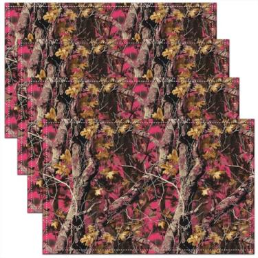 Imagem de jejeloiu Conjunto de 4 jogos americanos de camuflagem rosa Woods para cozinha, mesa de jantar, decoração de festa, ambientes internos e externos, para crianças, meninos, meninas, rústica, mesa, casa