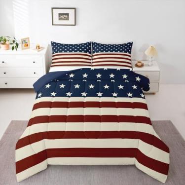 Imagem de jejeloiu Conjunto de edredom casal com bandeira americana, tábuas de madeira, estilo patriótico, para decoração de quarto de adolescentes, conjunto de cama de microfibra para meninos e meninas