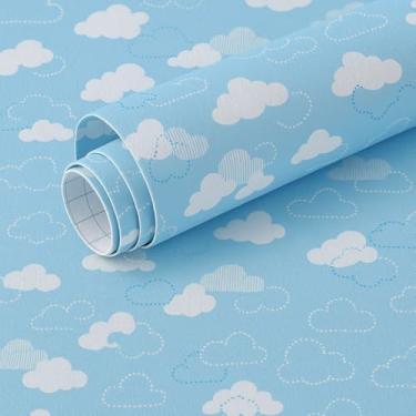 Imagem de Papel de Parede Infantil Nuvens, Azul e Branco, 5m x 45cm, Adesivo Decorativo para Quarto de Menino