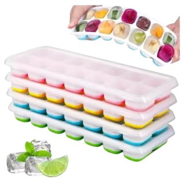 Imagem de Forma de Gelo de Silicone com Tampa kit com Conjunto 4 unidades 14 Cubos por Bandeja Multicolorido Alimentos Bebidas Fundo Flexível BPA Free