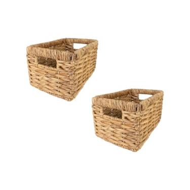 Imagem de Cesta de vime para prateleiras, cestas para organização, cesta de armazenamento de tecido com alças embutidas (pacote médio com 2, jacinto de água natural)