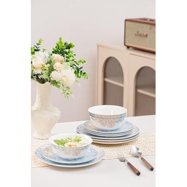Imagem de FHGNYSM Pratos e intestinos Bone China, conjuntos de louça de 12 peças, altamente resistente a lascas e rachaduras, conjunto de pratos seguros para lava-louças e micro-ondas, denso e translúcido