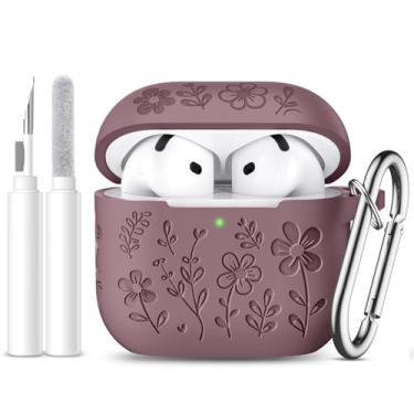 Imagem de Dgege Capa para AirPods 4 (2024), linda capa de flor gravada compatível com Apple Airpods 4, capa protetora completa de silicone macio para AirPods 4 com chaveiro e kit de limpeza para mulheres