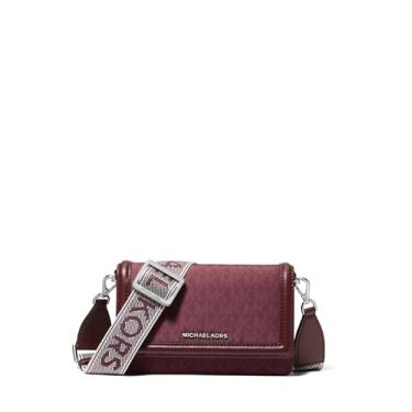 Imagem de Michael Kors Bolsa transversal para celular Jet Set, ferragens prateadas/tonal MK Signature Nylon com logotipo MK Webbing/Oxblood