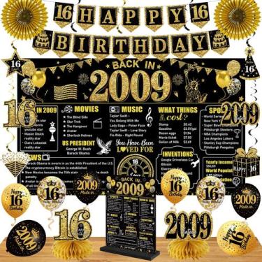 Imagem de Kit de decorações de aniversário Eiurteao 16th Black Gold 24 unidades
