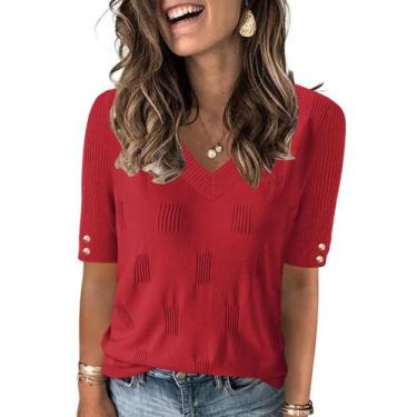 Imagem de Suéter feminino AKEWEI, primavera, decote em V, manga curta, vermelho
