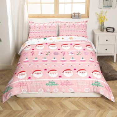 Imagem de Merry Christmas Capa de edredom rosa decorativa tamanho casal desenho natalino Papai Noel boneco de neve conjunto de cama para crianças meninos meninas 2 fronhas