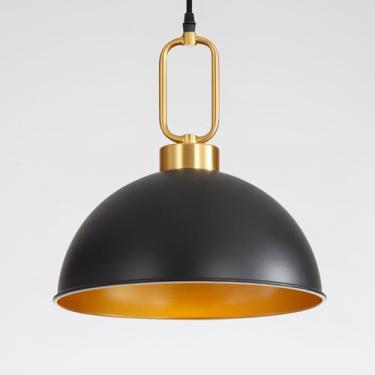 Imagem de POLITAMP Luminárias pendentes pretas e douradas, iluminação pendente de metal cúpula, candeeiro de teto moderno ajustável para ilha de cozinha, corredor, sala de jantar