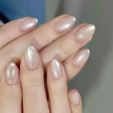 Imagem de RUOKEXIN Unhas postiças curtas em formato de amêndoa, olho de gato, unhas postiças com desenhos, unhas nuas, purpurina, cobertura total, cola nas unhas, unhas artificiais brilhantes e fofas para