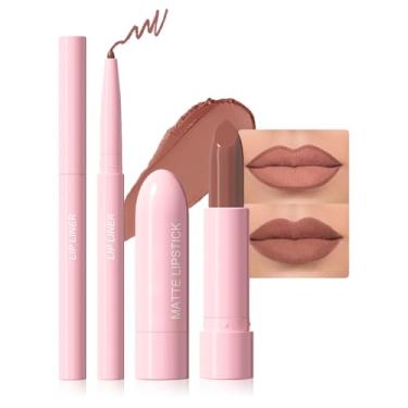 Imagem de CAKAILA Conjunto de lápis delineador labial fosco 2 em 1, marrom nude, à prova d'água, delineador labial para mulheres idosas, batom de longa duração, labiales mate 24 horas originais