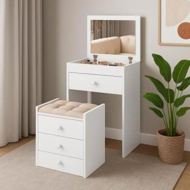Imagem de Penteadeira com Gavetas espelho e banqueta Branca Olivia MDF - Anyben