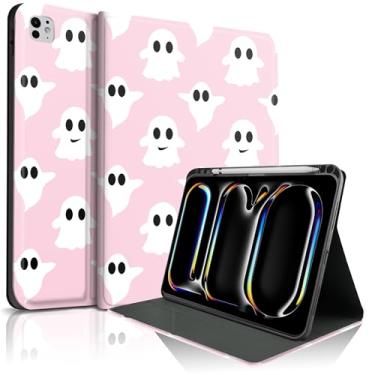 Imagem de TopPerfekt Capa para iPad Pro de 11 polegadas M4 2024 (5ª geração) com suporte para lápis, para crianças, meninos, meninas, Halloween de grão fino, antiderrapante/antichoque - rosa fantasma Halloween