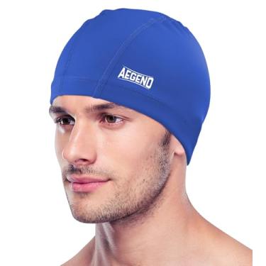 Imagem de Aegend Touca de natação de tecido, camada impermeável de silicone - touca de natação de tecido respirável, mantém o cabelo seco com alta elasticidade para adultos, 3 tamanhos para escolher (azul