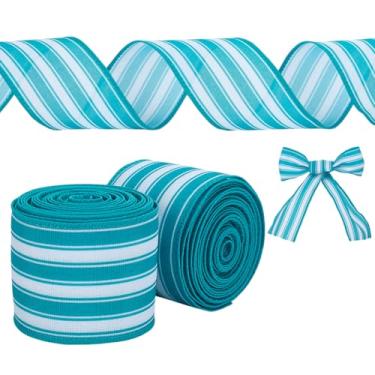 Imagem de FINGERINSPIRE 2 rolos de fita de tecido listrado de serapilheira ciana, fita de tecido de casa de fazenda listrada de 6,8 cm de largura para projetos faça-você-mesmo/embrulho de presente/grinaldas