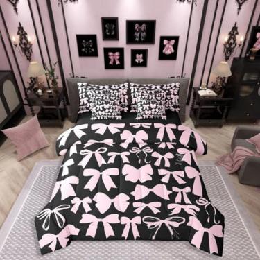 Imagem de Erosebridal Jogo de cama solteiro Kawaii, com laço preto e rosa, 7 peças, com laço de princesa, inclui edredom, conjunto de lençóis, fronhas e fronhas para todas as estações