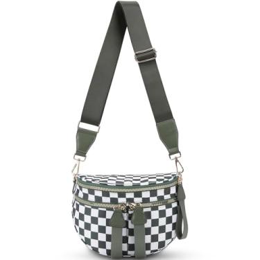 Imagem de hibear Bolsas femininas coloridas quadriculadas transversais, bolsa quadriculada espaçosa, bolsa transversal de nylon, pochete com cinto, Verde, Moderno