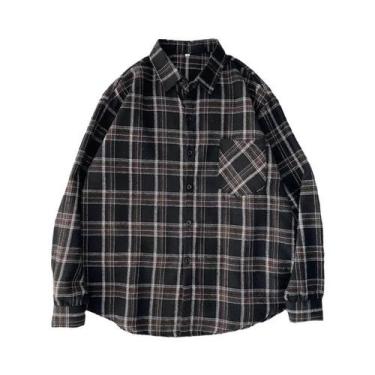 Imagem de Camisa Xadrez Oversize Feminina Manga Longa - Moda Coreana Casual Vint