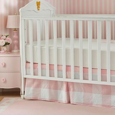 Imagem de Brandream Saia de berço guingão sob medida, bebê, menina, saia de berço de gênero neutro, saia para cama infantil, saia de cama de berçário chique, boêmia, boêmia, rosa, xadrez, guingão, babados