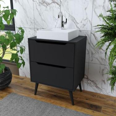 Imagem de Balcão Gabinete para Banheiro 60cm com 2 Gavetas MDP Preto Pés Retrô P