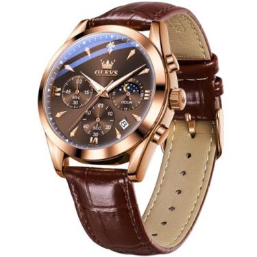 Imagem de OLEVS Relógios masculinos com pulseira de couro, relógio analógico de quartzo, moderno, mostrador grande, data, relógio à prova d'água, vestido luxuoso, luminoso, masculino, Marrom, rosa e marrom