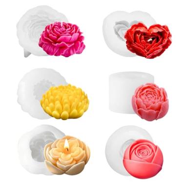 Imagem de JDH 6 peças molde de flor rosa peônia botão peônia 3D coração rosa flor moldes de silicone moldes de sabão Dia das Mães molde de vela de silicone para cera de soja cera de abelha resina artesanato