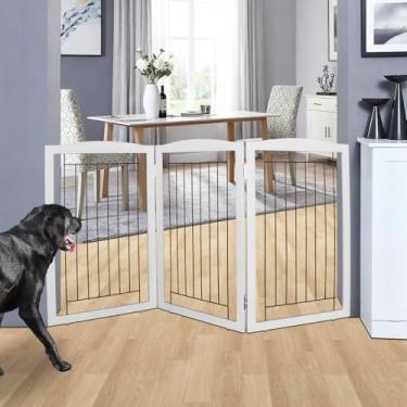 Imagem de ZJSF Portão dobrável independente para casa, extragrande, de madeira, cinza, para filhotes, portões para cães, portões altos para animais de estimação, 3 painéis, cerca para animais de estimação