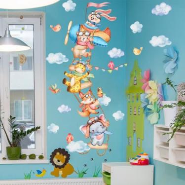 Imagem de NXUEBDU Airplane Stairs Animals Wall Stickers Little Elephant Fox Giraffe Baby Nursery Decor Kids Room Wall Art Decals Peel and Stick, 47.24 x 35.43 inches