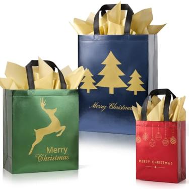 Imagem de YANGTE Pacote com 48 sacos de presente de Natal com tamanhos variados com papel de seda (16 extragrandes 40,6 cm, 16 grandes 30,5 cm, 16 médios 23 cm), sacos de Natal reutilizáveis vermelhos, verdes e