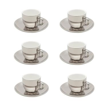 Imagem de Cj 6 Xícaras P/Chá C/Pires de Porcelana Versa Branco/Prata 220ml Wolff