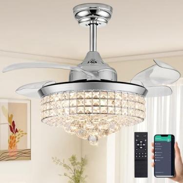 Imagem de Trssdre Ventilador De Teto De Cristal De 42" Com Luzes, Ventilador De Teto Retrátil Invisível Moderno Lustre Com Controle Remoto Para Quarto Sala De Estar Polido Moderno Cromado Prata 6 Velocidades