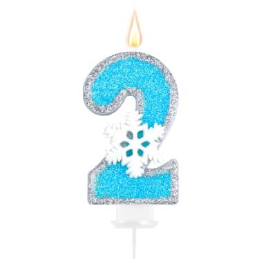 Imagem de Velas de aniversário com tema Frozen, decoração de festa, azul e prata, número 2, vela de aniversário para bolo, decoração de bolo de floco de neve para lembrancinhas de festa de 2 anos
