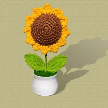 Imagem de VerveWider Flores de crochê, decoração artificial de girassol, planta artificial em vaso pequeno para mesa, mesa, decoração interna de casa e escritório (amarelo, marrom, verde, grande)