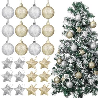 Imagem de Syhood Conjunto de 24 peças de enfeites de árvore de Natal 1,97"/5 cm incluídos, 12 decorações de bolas de Natal, 12 enfeites de estrela com glitter, decoração de árvore de Natal para pendurar em