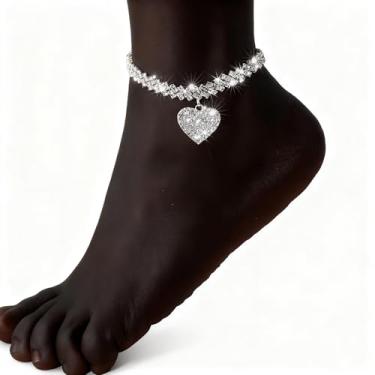 Imagem de Tornozeleiras femininas de prata e ouro - Corrente de elos de aço inoxidável impermeável, zircônia cúbica e joia de coração, One Size, Cobre, Sem Pedra Preciosa