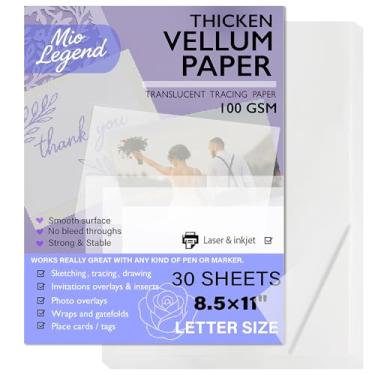 Imagem de Papel Vellum 8,5 x 11 papel translúcido para impressão, 100 g/m²/30,8 kg, papel de velino translúcido para convites, cartões de felicitações, bloco de papel para desenhar, esboçar, escrever (30 folhas