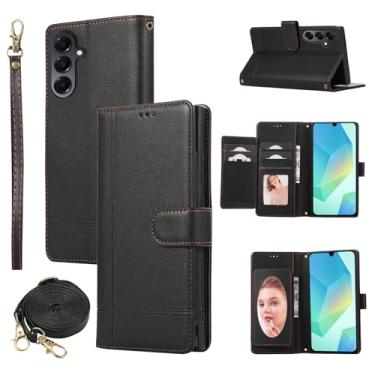 Imagem de Dswteny Capa carteira compatível com Samsung Galaxy A16/A17/A26 5G, alça transversal, couro sintético espelhado, flip stand, capa para celular A 16 17 26 16A 17A 26A 4G SM-A166U Mulheres Homens Preto