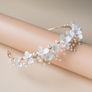 Imagem de soulshow Elegante tiara de noiva com flor de pérola, ouro branco, coroa de pérola floral com pétalas feitas à mão, acessório de cabelo de casamento