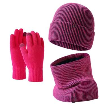 Imagem de Chapéu feminino de malha de camada dupla quente inverno à prova de frio chapéu de lã pescoço círculo cachecol conjunto de luvas Mei roxo