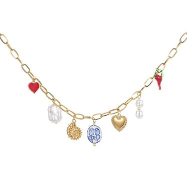 Imagem de ALYXUY Colar moderno com pingente de cerâmica banhado a ouro de aço inoxidável com coração e pérola e pimenta concha para mulheres, gargantilhas, joias, Aço inoxidável, Sem Pedra Preciosa