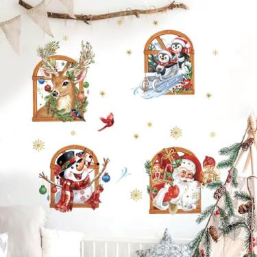 Imagem de Decalques de parede gigantes de janela de Natal 3D 118,9 cm x 30 cm Papai Noel pinguins boneco de neve adesivos de rena adesivos de natal adesivos de férias descascar e colar filme silhueta sala de