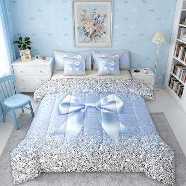 Imagem de Jogo de cama solteiro de 7 peças com laço de fita fofo, diamante cinza com glitter, princesa sonhadora azul e laço aquarela, conjunto de lençol e lençol com laço geométrico, kawaii, geométrico