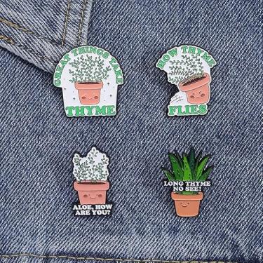 Imagem de Conjunto de 4 pinos criativos de broche esmaltado de plantas em vaso, alfinetes de lapela com temas de jardinagem engraçados com frases divertidas, broches de metal fofos para jaquetas, bolsas e