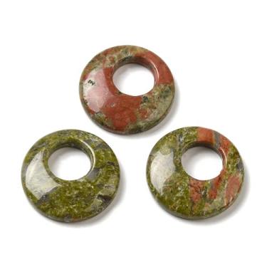 Imagem de 5 peças de pingentes de contas de pedra natural unakite, 28 mm em forma de disco de rosquinha natural buraco de pedra anel oco pingentes pendentes para fazer joias faça você mesmo brinco, pulseira