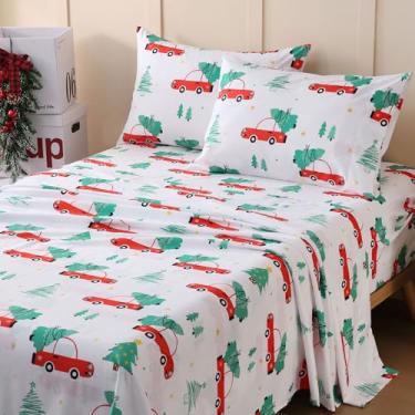 Imagem de JSD Jogo de lençol infantil de Natal Red Cars, tamanho casal, 4 peças, estampa de árvore de Natal macia, lençol de microfibra com bolso profundo