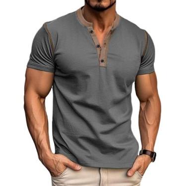 Imagem de Camisa Henley Gleam Ledra masculina de manga curta de algodão cinza es