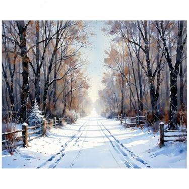 Imagem de Kit de pintura de paisagem de inverno por números para adultos - DIY coberto de neve com cercas, pintura em tela, 40,6 x 50,8 cm, conjunto de tinta acrílica, adequado para iniciantes, arte para