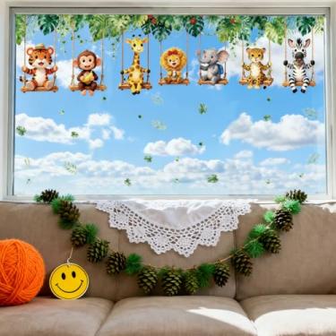 Imagem de ANATTASOUL Adesivo de janela estática fixa animal em um balanço 1 folha reutilizável para vidro, 120 cm x 30 cm adesivo de janela dupla face removível para quarto, escritório, decoração de casa